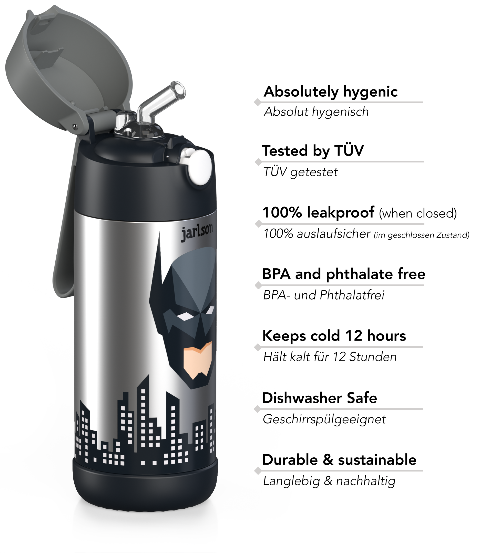 CHARLI Trinkflasche Edelstahl für Kinder mit Strohhalm