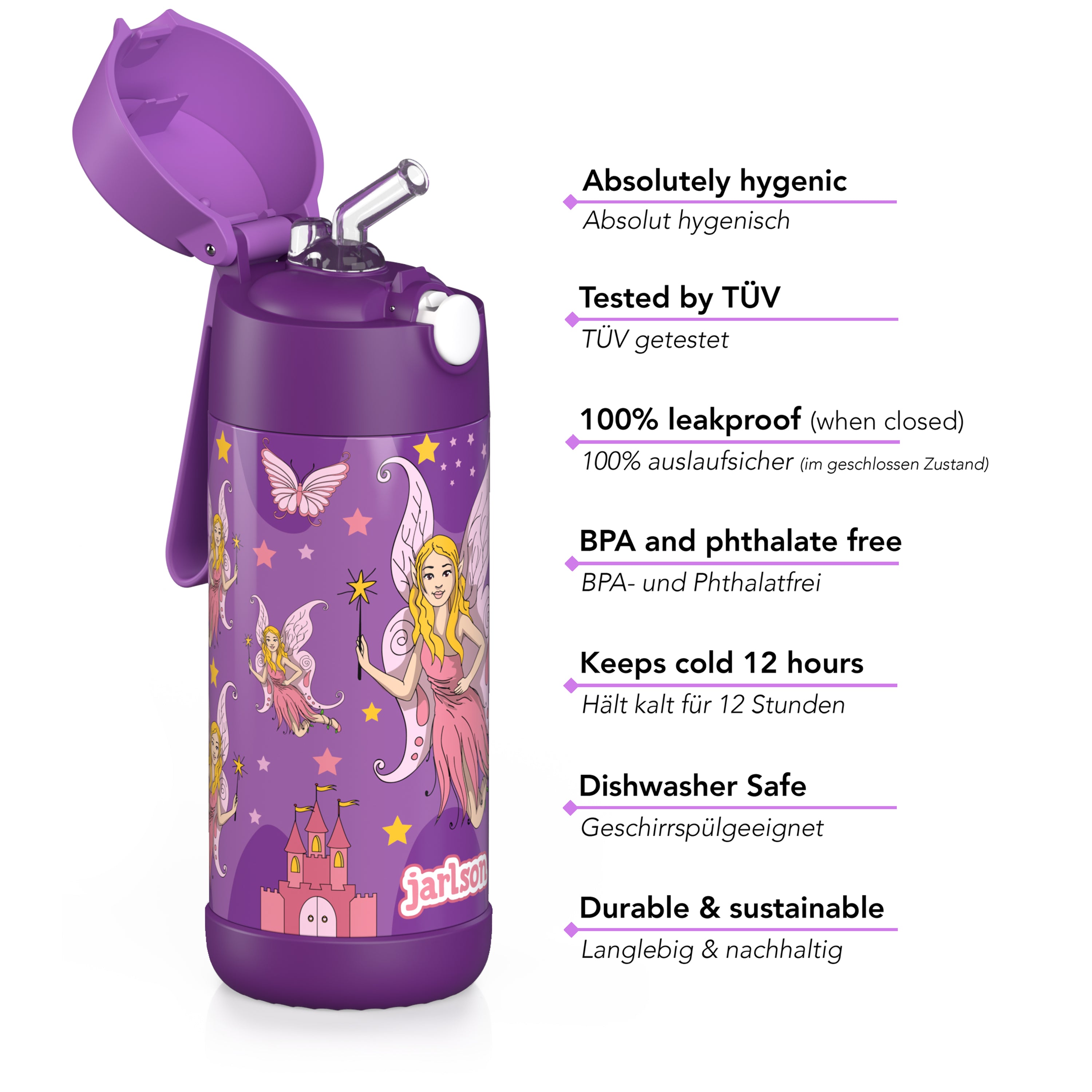 CHARLI Trinkflasche Edelstahl für Kinder mit Strohhalm