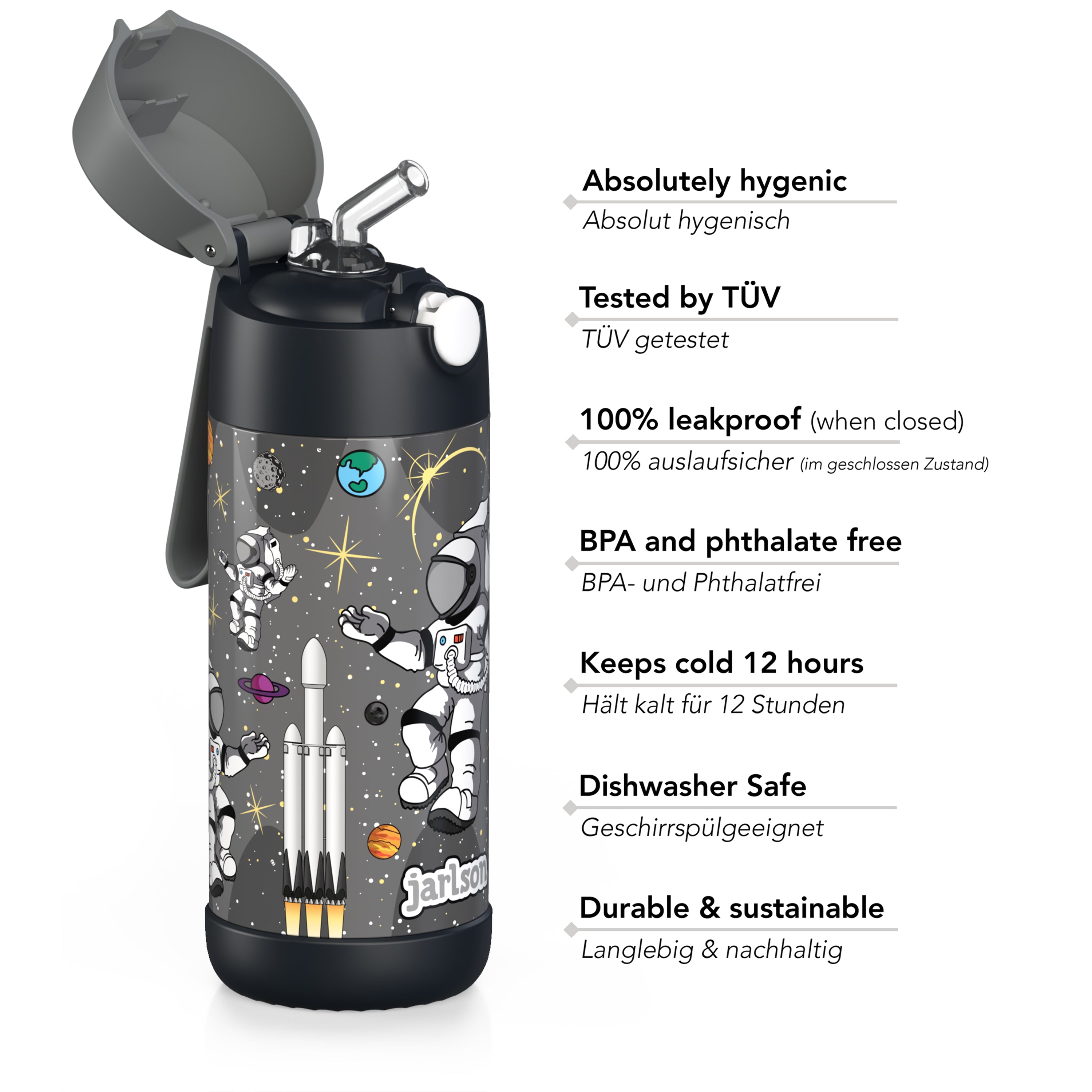 CHARLI Trinkflasche Edelstahl für Kinder mit Strohhalm