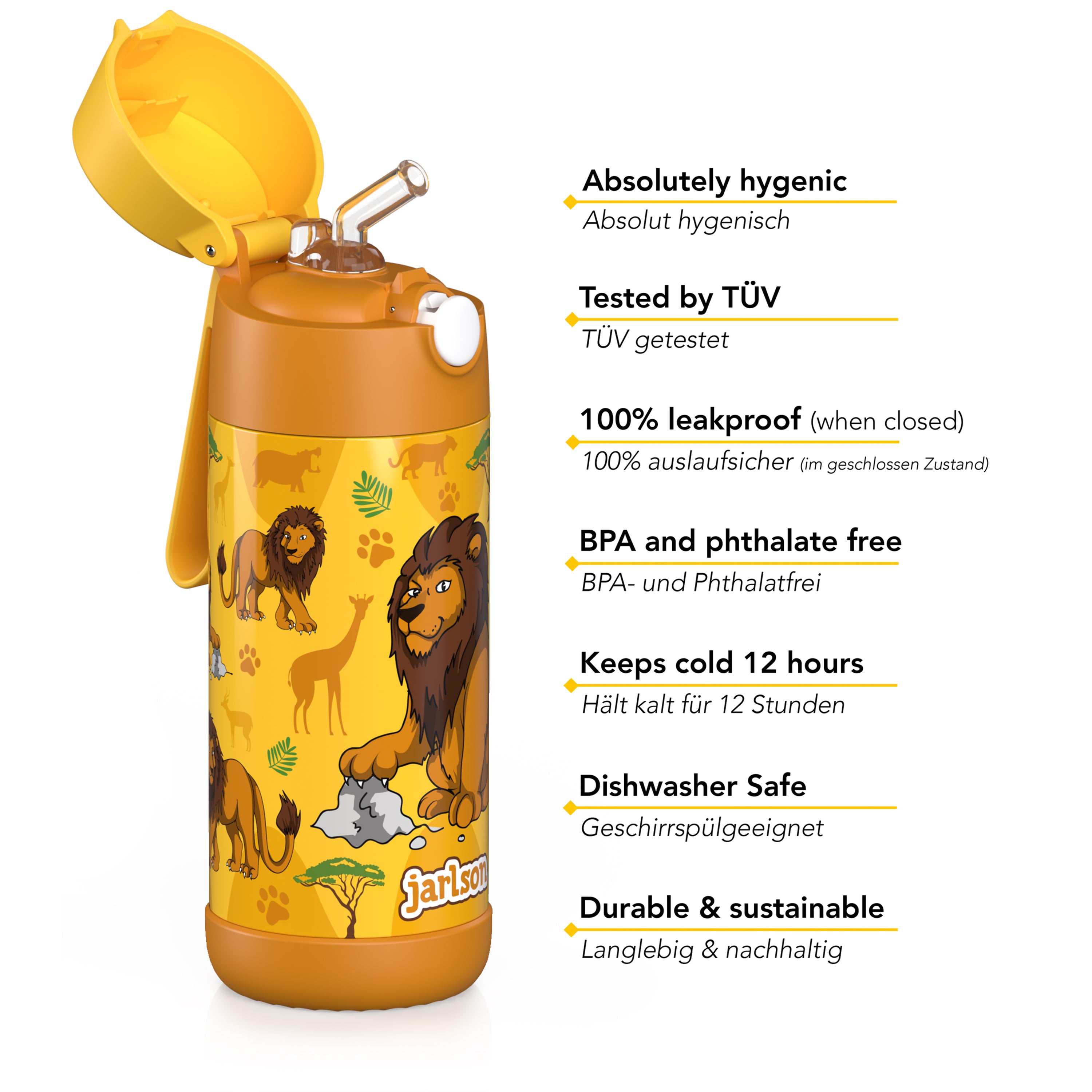 CHARLI Trinkflasche Edelstahl für Kinder mit Strohhalm