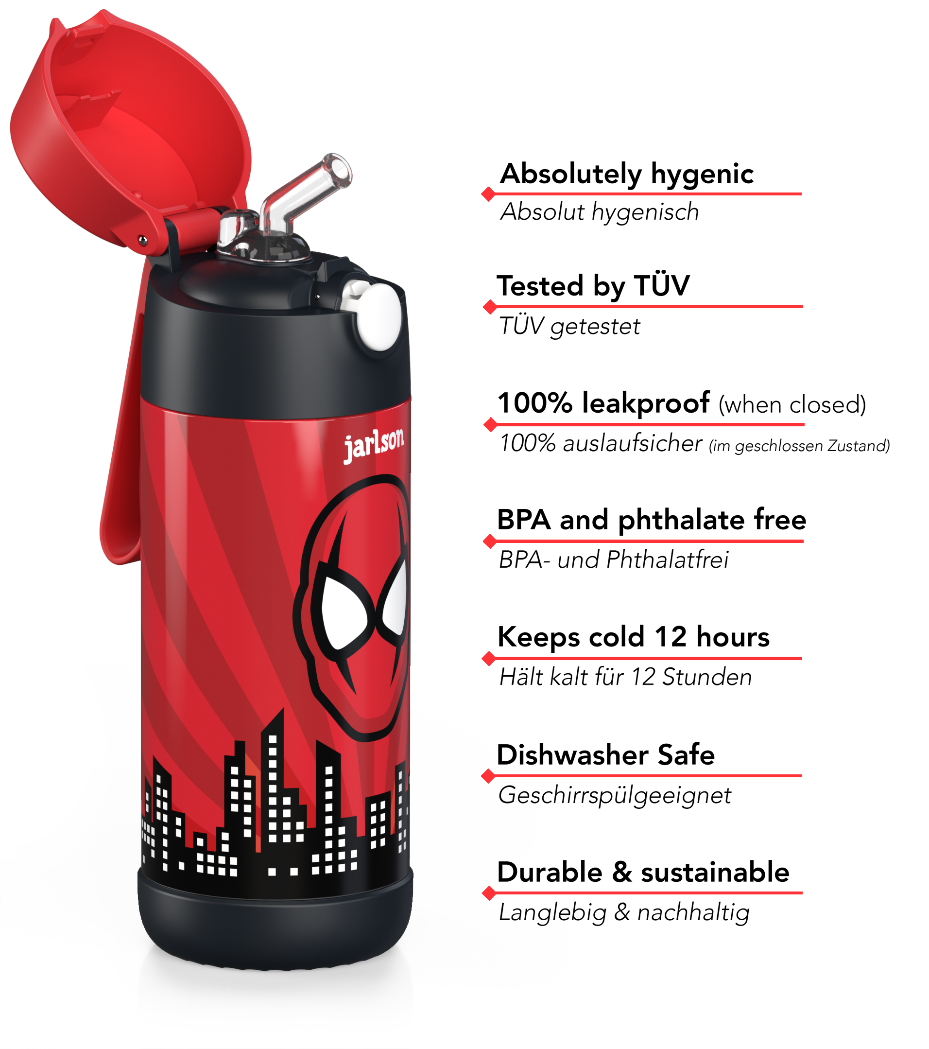 CHARLI Trinkflasche Edelstahl für Kinder mit Strohhalm